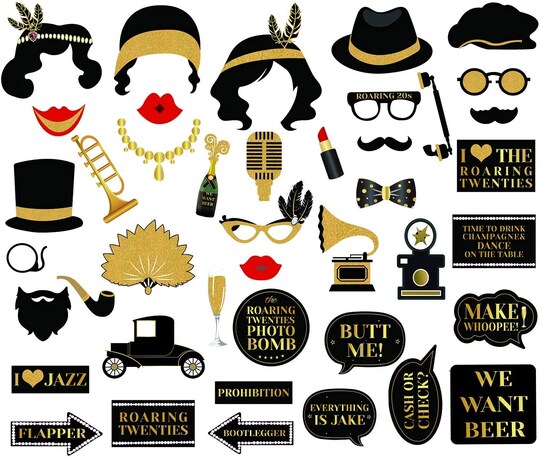 StaticPoster; 42Pcs 1920s Gatsby Photo Booth Props Roaring 20's Party Photo Props,1920s Supplies for Luxury Speakeasy Gangster Twenties Art Deco Jazz; Category:Party Decorations; Image:1